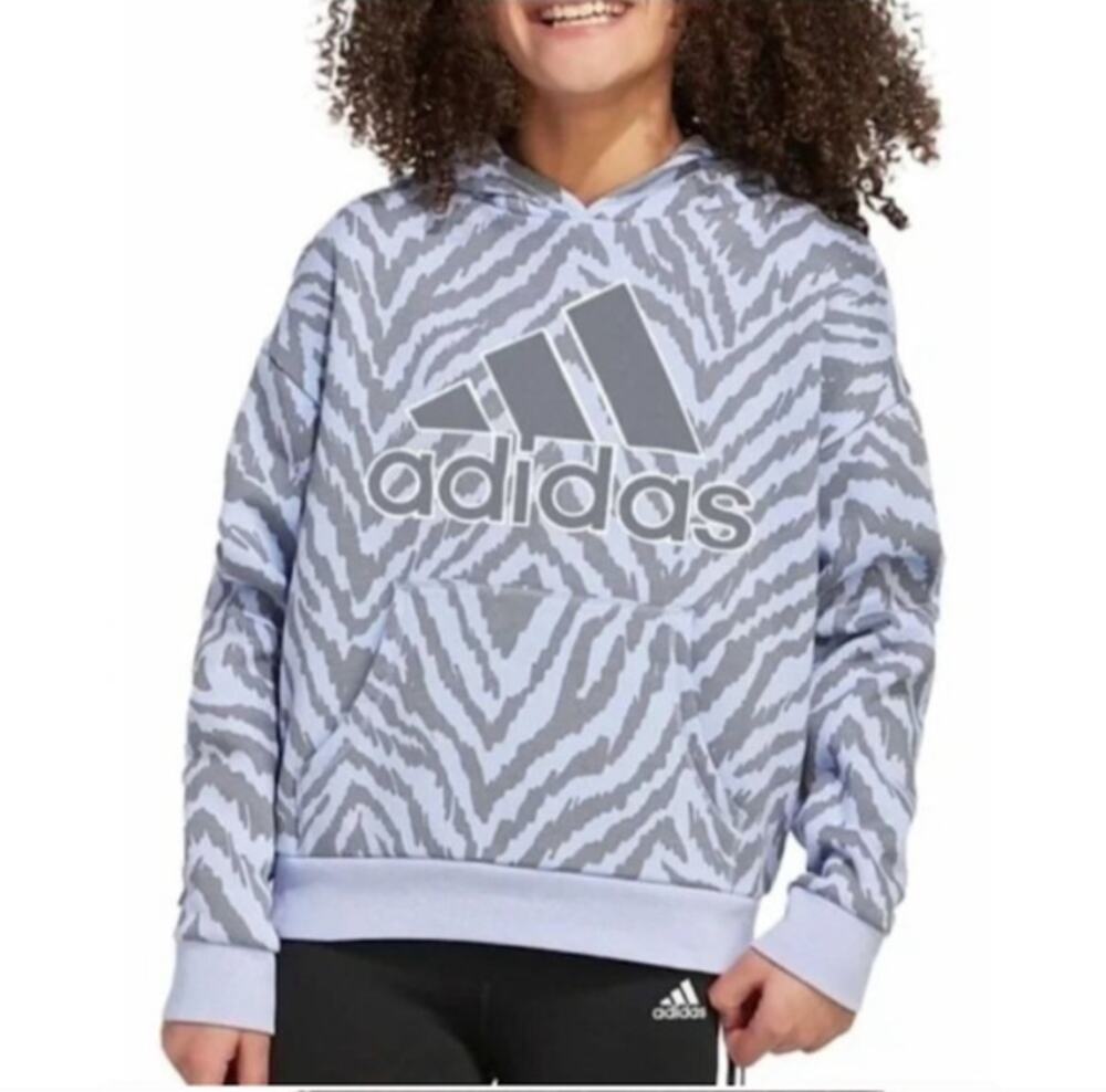 ADIDAS Girls size 16 light blue Zebra print Hoodie kangaroo pocket
